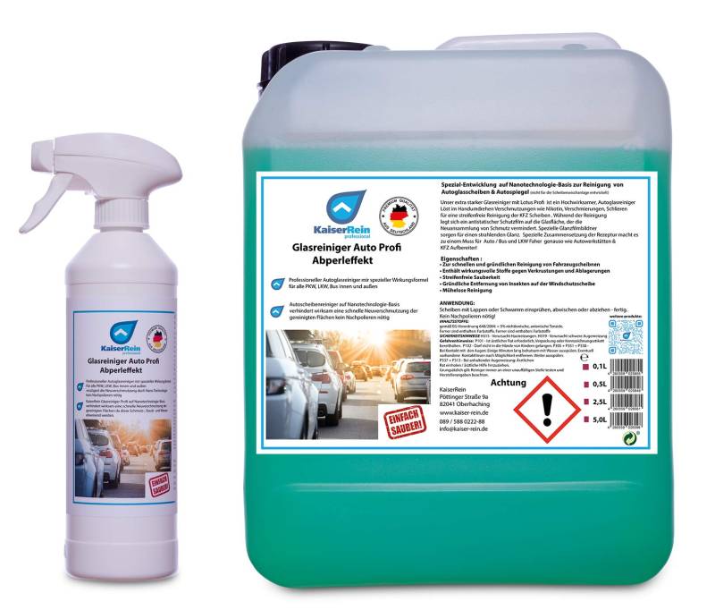 KaiserRein Auto KFZ Glasreiniger Scheibenreiniger mit Lotuseffekt Spray 0,5 L Sprayflasche Leer + 5 L Kanister gebrauchsfertig zum nachfüllen von KaiserRein professional