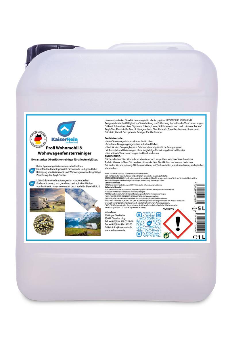 KaiserRein Profi Wohnmobil- Fenster Reiniger 5 L Kanister Universal Spray Acrylglas Reiniger Glasreiniger Wohnmobil-Reiniger Wohnwagen-Reiniger Caravan von KaiserRein professional