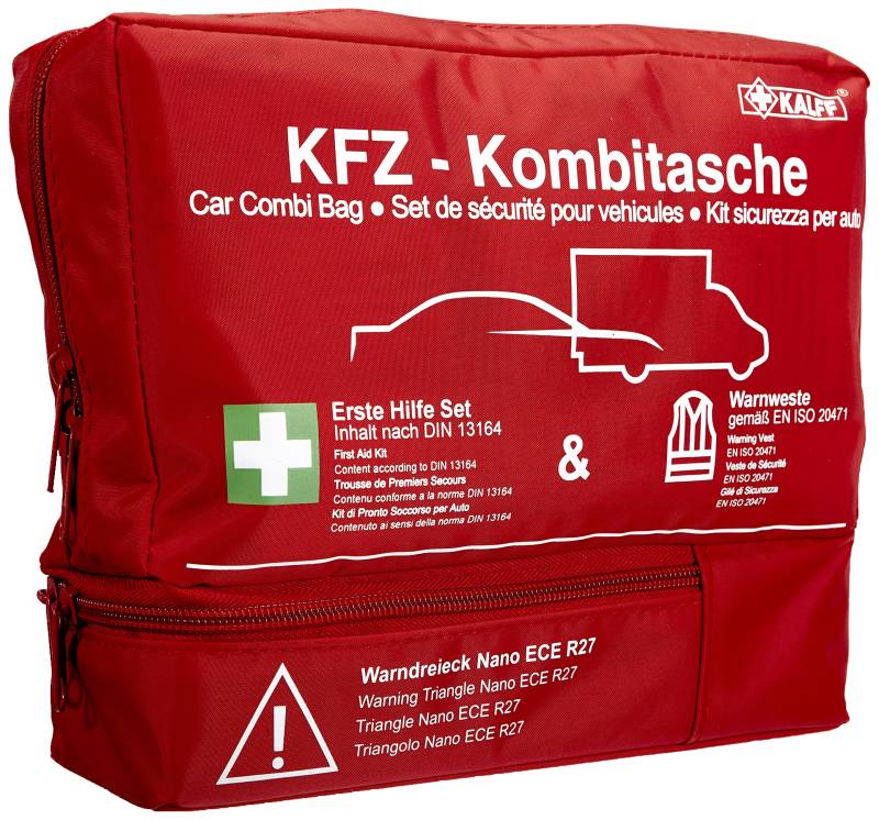 Kalff KFZ Kombitasche TRIO Compact, Verbandstasche Auto + Warnweste + Warndreieck NANO mit Erste Hilfe Broschüre von Kalff