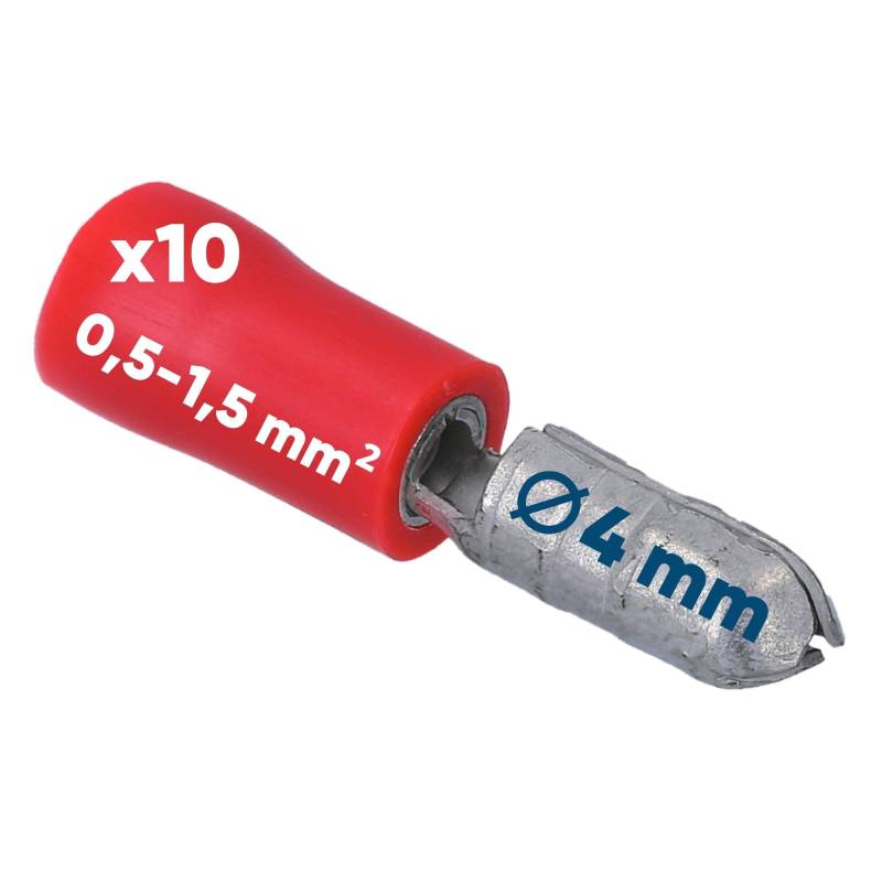 10 Stück Kalitec RSR4 Rundstecker Stift rot 0,5mm - 1,5mm² I teilisoliert I 4mm Durchmesser I 23mm lang I Ideal zum Verbinden von Kabeln von Kalitec