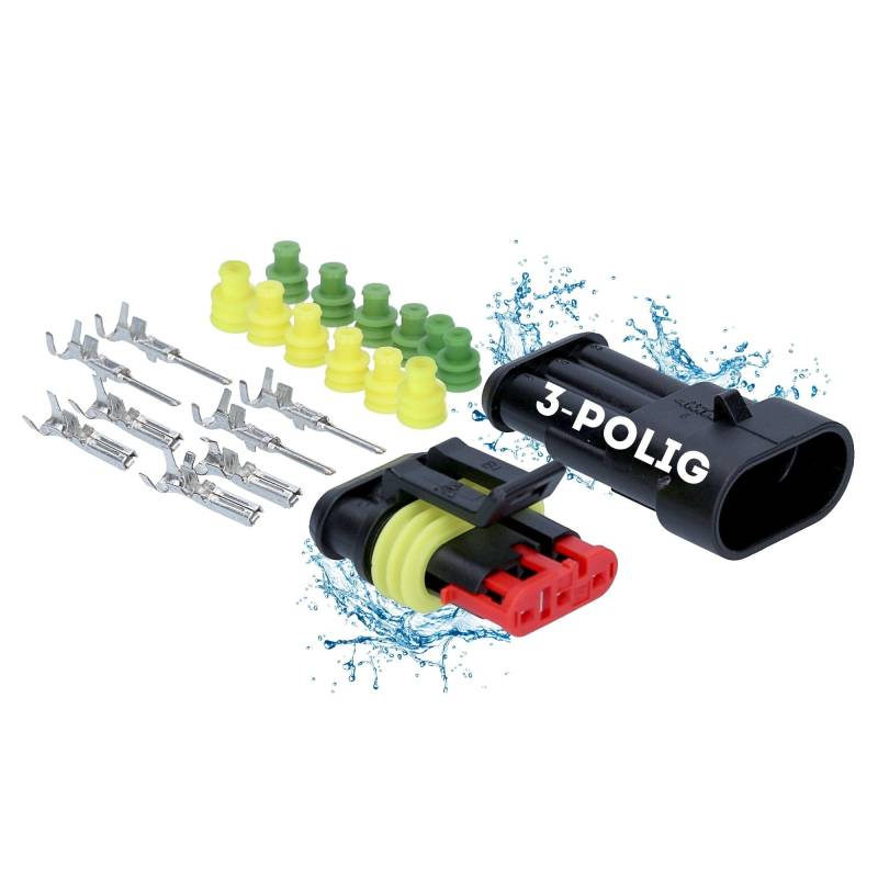 Kalitec KALI-1003 AMP Superseal Set 3-Polig I KFZ Stecker 1,50 mm² max. 24 Volt I wasserdicht IP67 I ölbeständige Schnellverbinder aus glasfaserverstärktem Polyamid (PA) für Auto, Motorrad von Kalitec