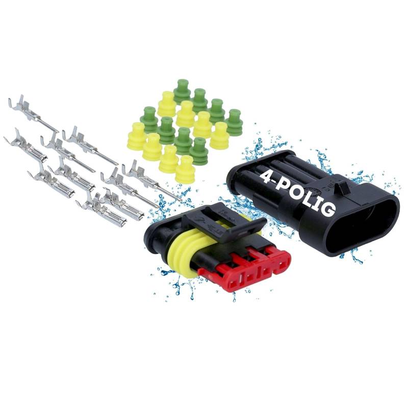 Kalitec KALI-1004 AMP Superseal Set 4-Polig I KFZ Stecker 1,50 mm² max. 24 Volt I wasserdicht IP67 I ölbeständige Schnellverbinder aus glasfaserverstärktem Polyamid (PA) für Auto, Motorrad von Kalitec