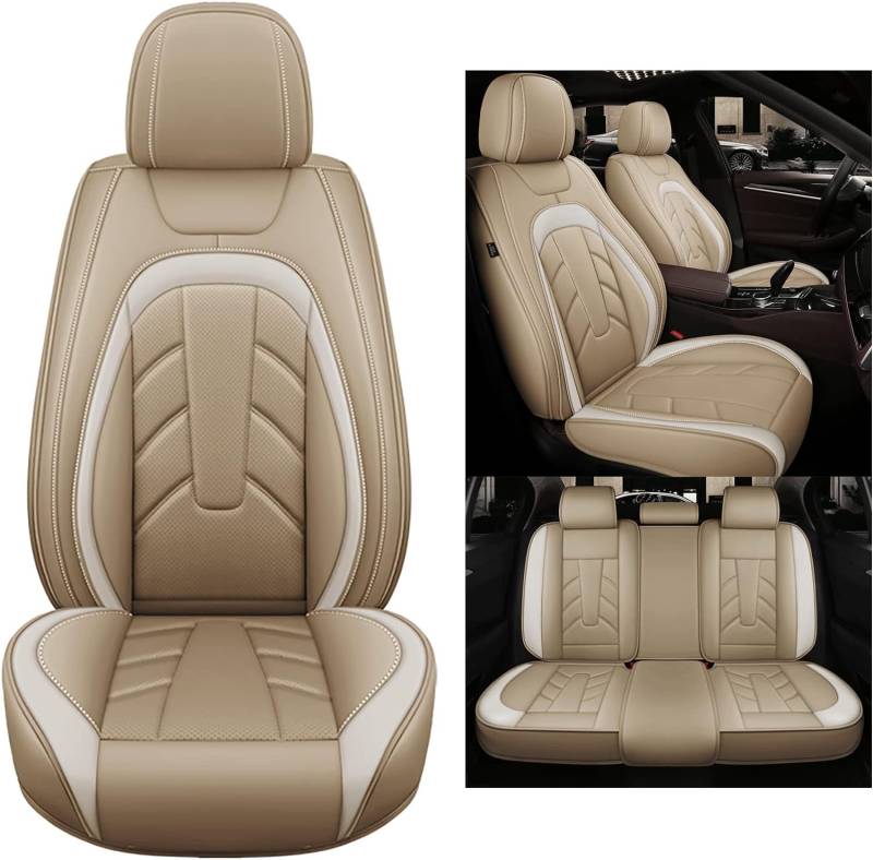 Karstry Autositzbezüge komplettes Set Universal in Stylish Design, Schonbezüge für Vordersitze und Rückbank, Auto Sitzbezüge Airbag Kompatibel, Premium Wasserdicht Sitzbezug, Beige von Karstry