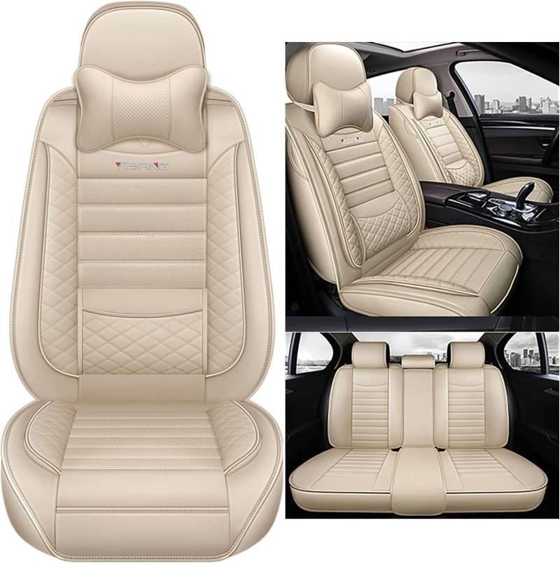 Karstry Autositzbezüge komplettes Set Universal in Stylish Design, Schonbezüge für Vordersitze und Rückbank, Auto Sitzbezüge Airbag Kompatibel, Premium Wasserdicht Sitzbezug, Beige von Karstry