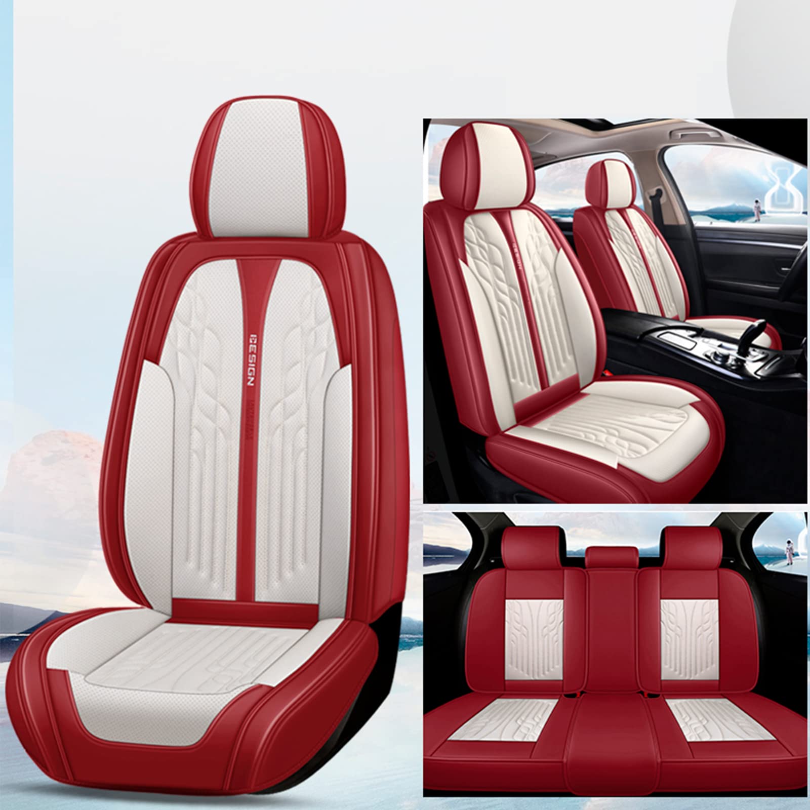 Karstry Autositzbezüge komplettes Set Universal in Stylish Design, Schonbezüge für Vordersitze und Rückbank, Auto Sitzbezüge Airbag Kompatibel, Premium Wasserdicht Sitzbezug, Weiß Rot von Karstry