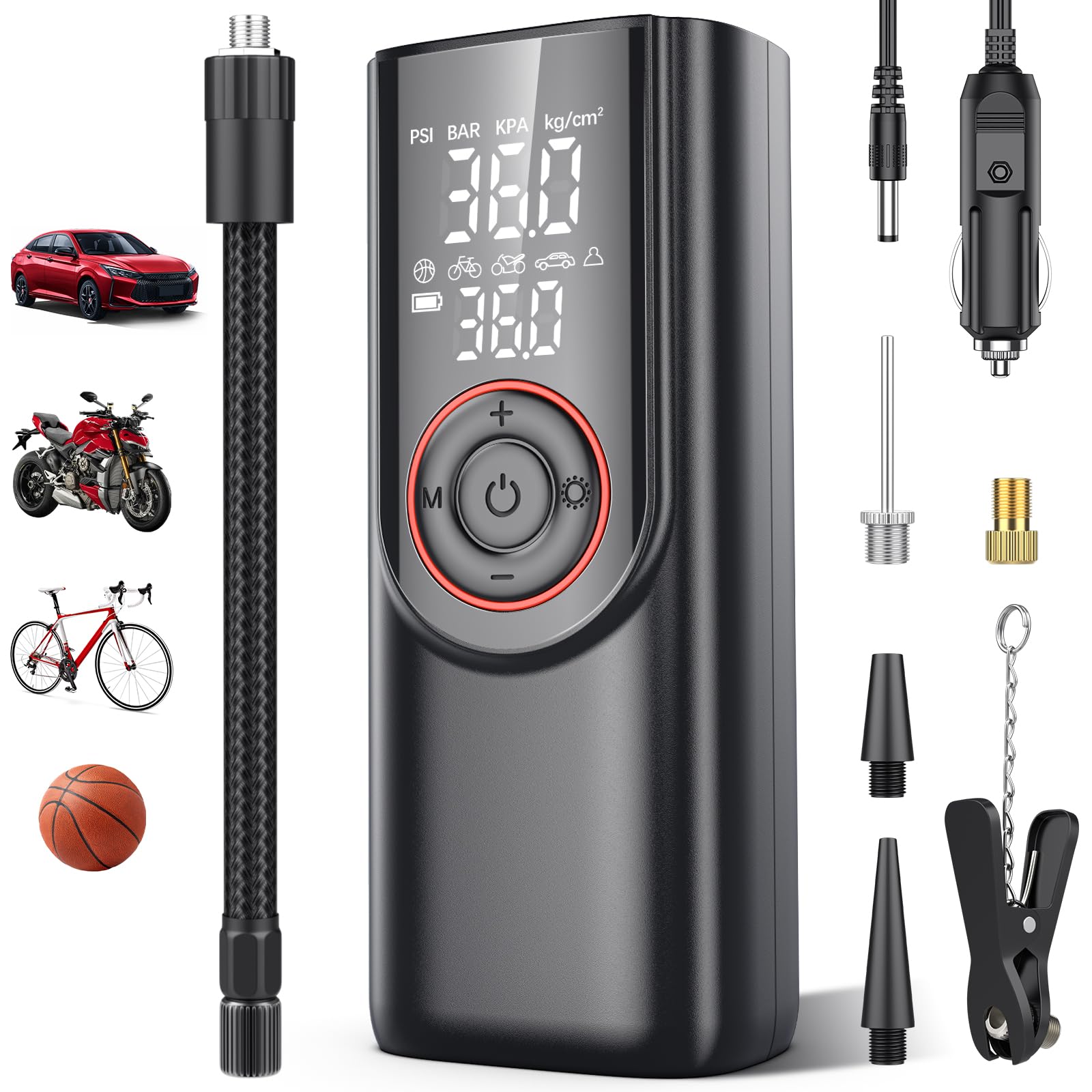 Elektrische Luftpumpe Tragbare Fahrradpumpe 150PSI mit 7500mAh Akku Kompressor Klein Luftpumpe Elektrische Reifenpumpe mit Anzeige LED Licht 5 Modi für Auto Fahrrad Motorrad Bälle USB-Als Powerbank von Kasakily