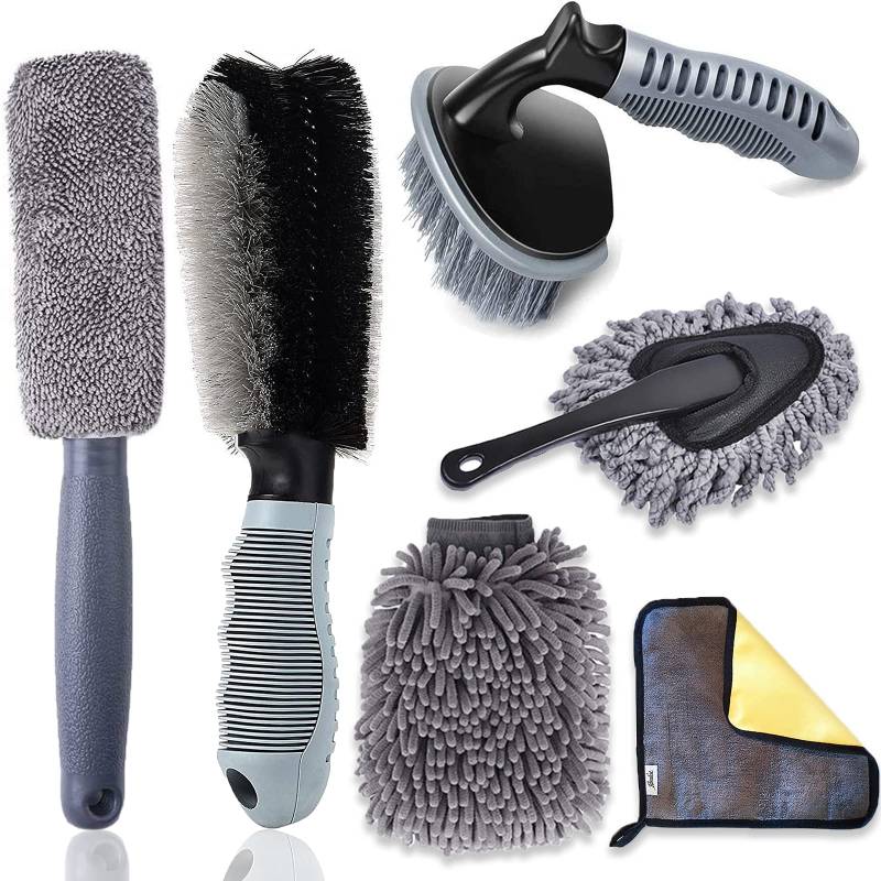 6er Auto Felgenbürste Alufelgen Set, Auto Reinigungsbürste Kit mit Mikrofaser Felgen Reinigung Bürste Reifenbürste Waschhandschuh Reinigungstücher Car Duster Brush für Car Motorrad Fahrrad Waschen von Kasauber