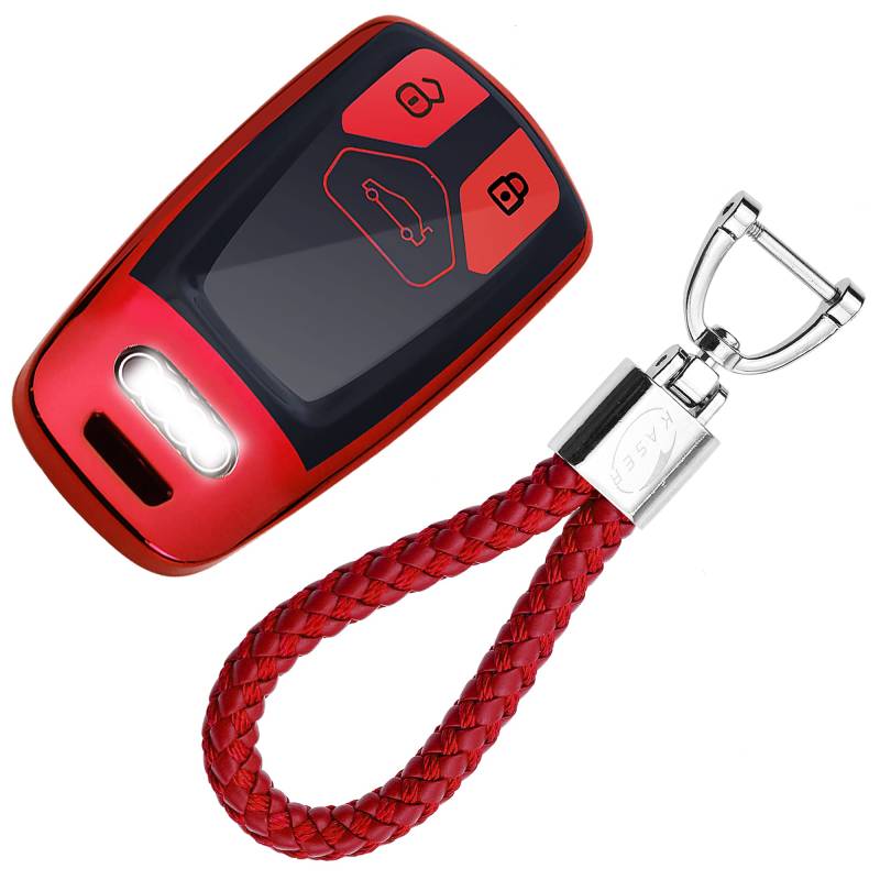 KASER Autoschlüssel Hülle kompatibel für Audi Cover TPU Silikon Hochglanz Schutzhülle Schlüsselhülle Fernbedienung Keyless A1 A2 A3 A4 A5 A7 Q1 Q3 Q5 TT Schlüsselbund (Rot) von Kaser