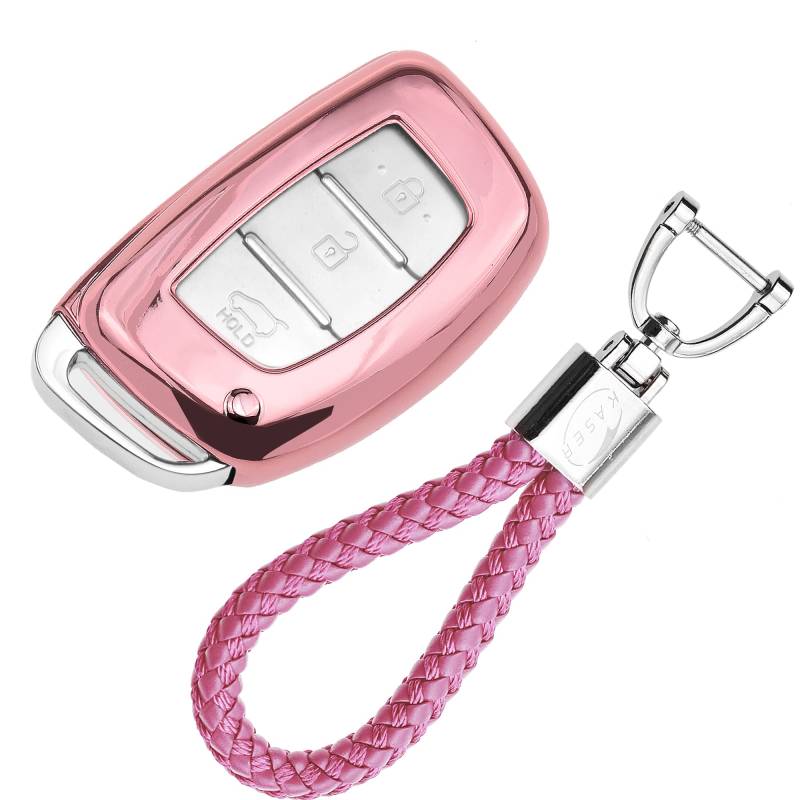 KASER Autoschlüssel Hülle kompatibel für Hyundai Cover TPU Silikon Hochglanz Schutzhülle Schlüsselhülle Fernbedienung Keyless Solaris iX35 i30 Tucson Santa Fe Accent i20 ix25 Schlüsselbund (Pink) von Kaser