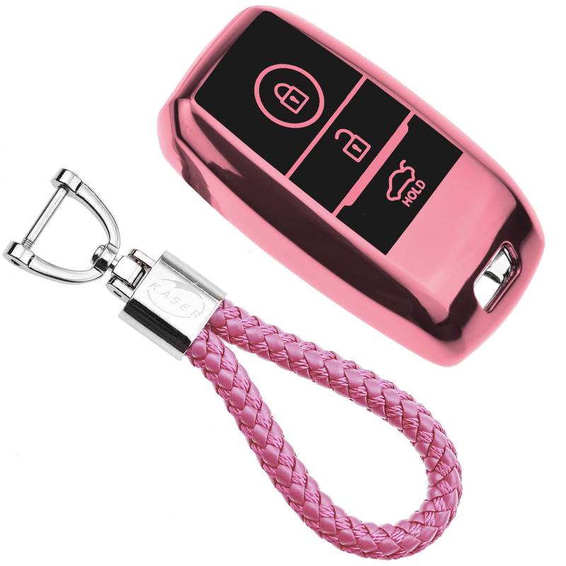 KASER Autoschlüssel Hülle kompatibel für Kia Cover TPU Silikon Hochglanz Schutzhülle Schlüsselhülle Fernbedienung Keyless Sorento Sportage Rio Carens Cadenza Carnival Optima Schlüsselbund (Pink) von Kaser