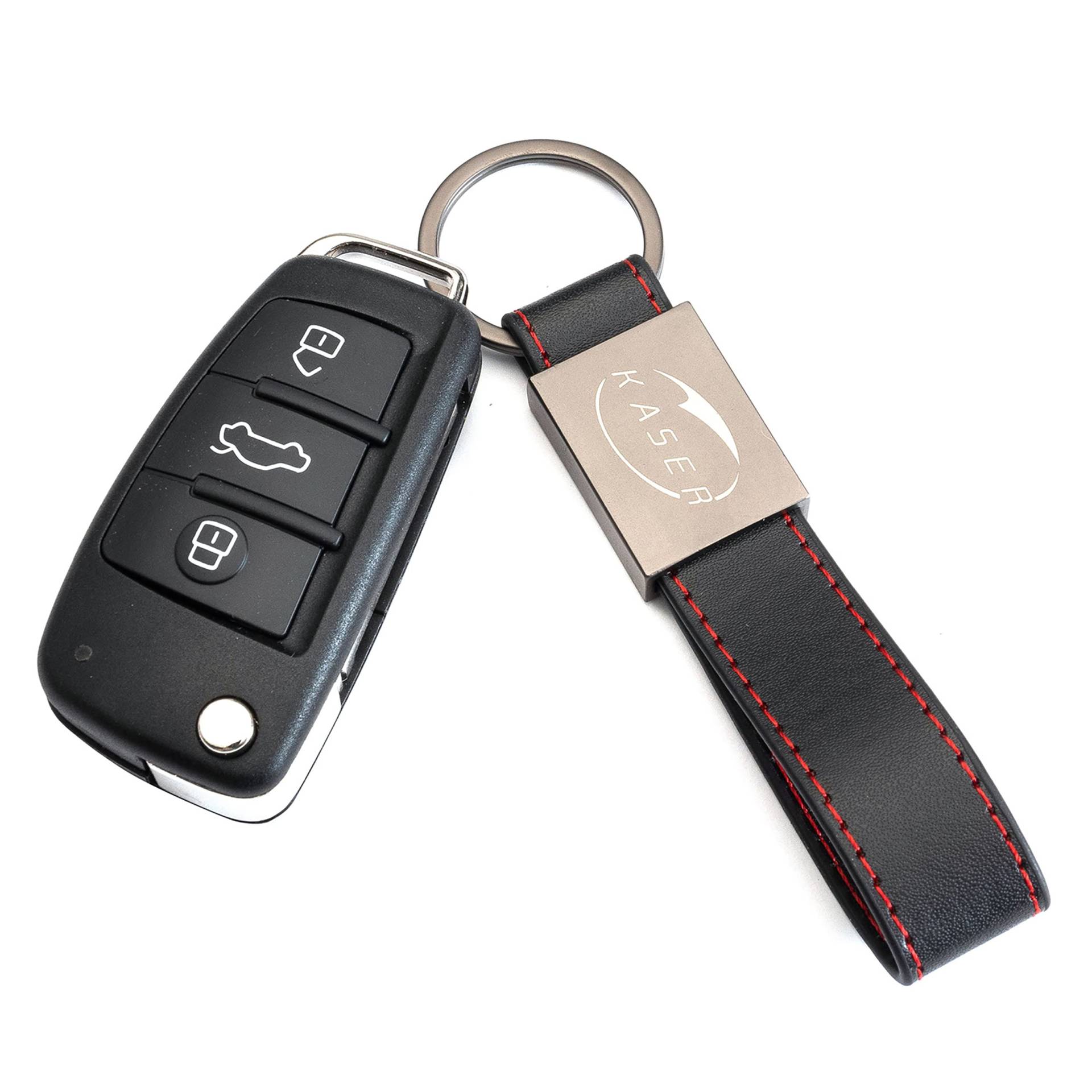 KASER Schlüssel Gehäuse Fernbedienung für Audi Autoschlüssel Funkschlüssel A1 A3 A4 A6 A8 Q3 Q5 Q7 (8X0837220D) mit Leder Schlüsselanhänger von Kaser