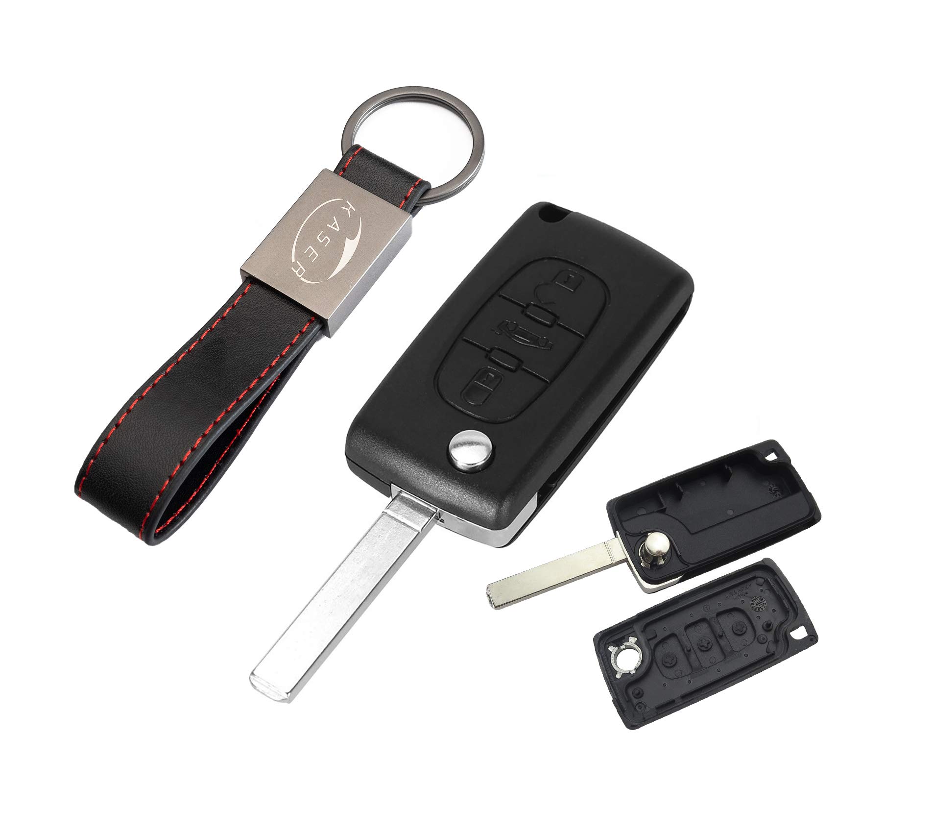 KASER Schlüssel Gehäuse Fernbedienung für Citroen 3 Tasten Autoschlüssel Funkschlüssel C1 C2 C3 C4 C5 (no Battery Place) mit Leder Schlüsselanhänger von Kaser