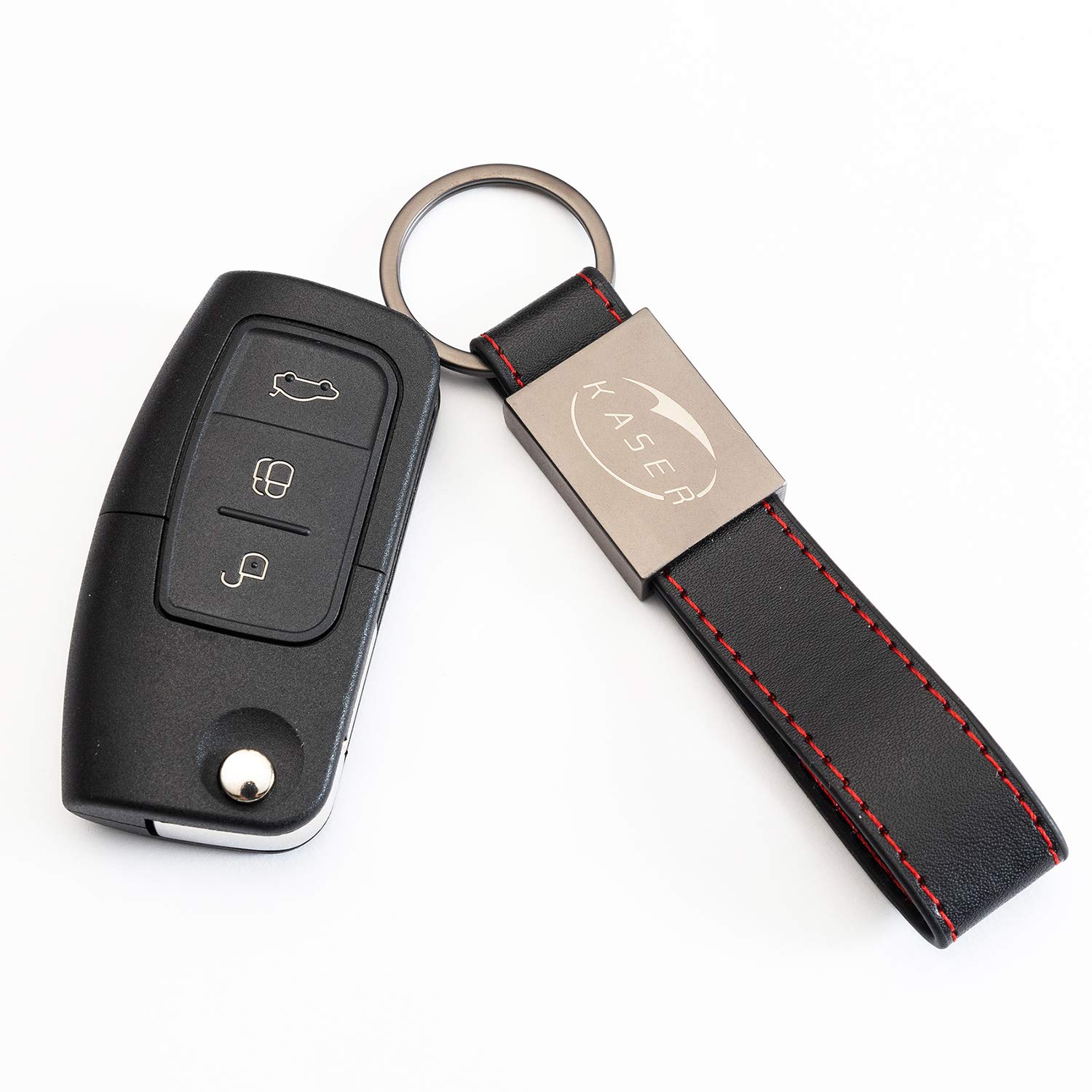 KASER Schlüssel Gehäuse Fernbedienung für Ford 3 Tasten Autoschlüssel Funkschlüssel Focus Mondeo Fusion Fiesta Ka Kuga S-Max C mit Leder Schlüsselanhänger von Kaser