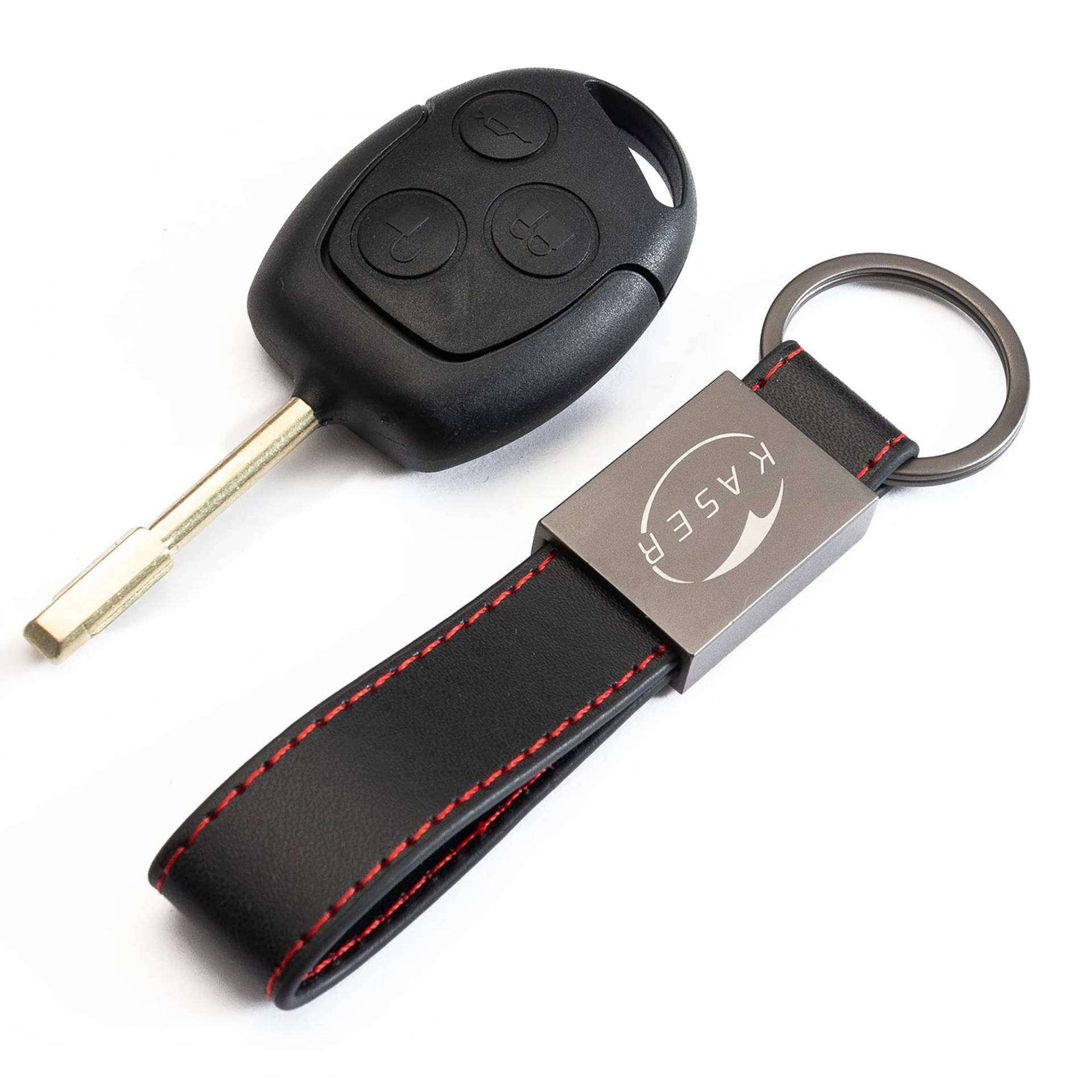 KASER Schlüssel Gehäuse Fernbedienung für Ford 3 Tasten Autoschlüssel Funkschlüssel Mondeo Fusion Fiesta Ka Kuga S-Max C mit Leder Schlüsselanhänger von Kaser