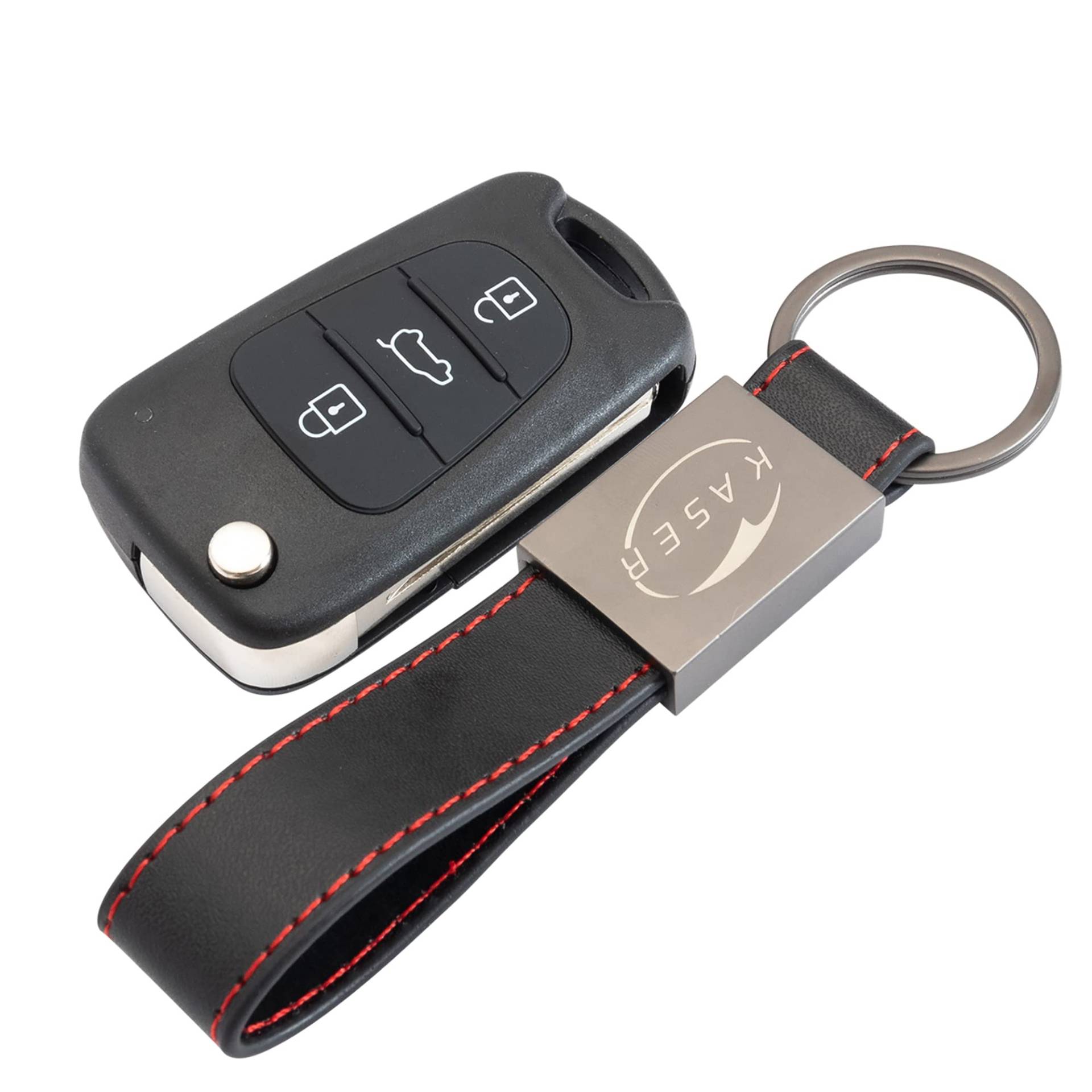 KASER Schlüssel Gehäuse Fernbedienung für Kia 3 Tasten Autoschlüssel Funkschlüssel für Kia Sportage Venga Piccanto Rio mit Leder Schlüsselanhänger von Kaser