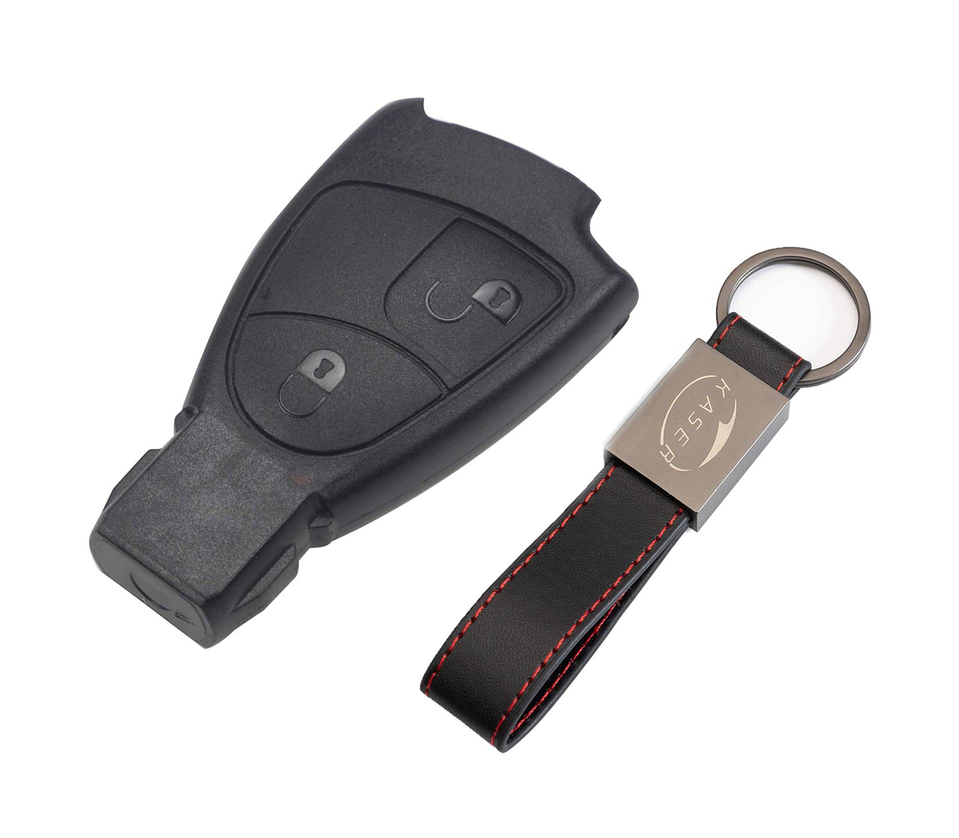 KASER Schlüssel Gehäuse Fernbedienung für Mercedes 2 Tasten Autoschlüssel Funkschlüssel Benz Classe B C e CLK SLK (ohne Logo) mit Leder Schlüsselanhänger von Kaser