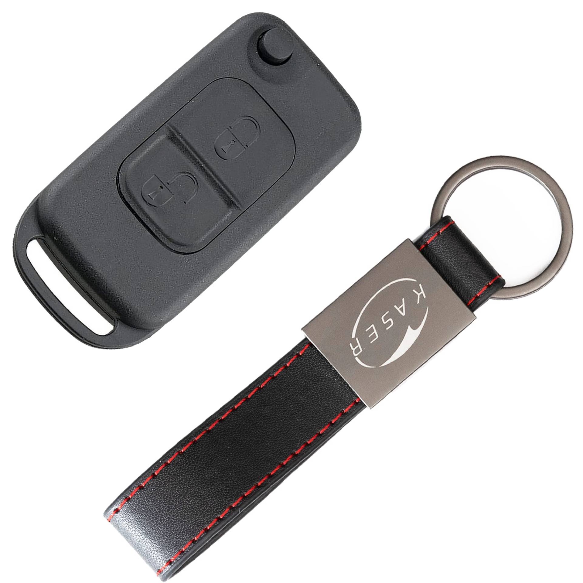 KASER Schlüssel Gehäuse Fernbedienung für Mercedes 2 Tasten Autoschlüssel Funkschlüssel Classe A C E S CL ME004 mit Leder Schlüsselanhänger von Kaser