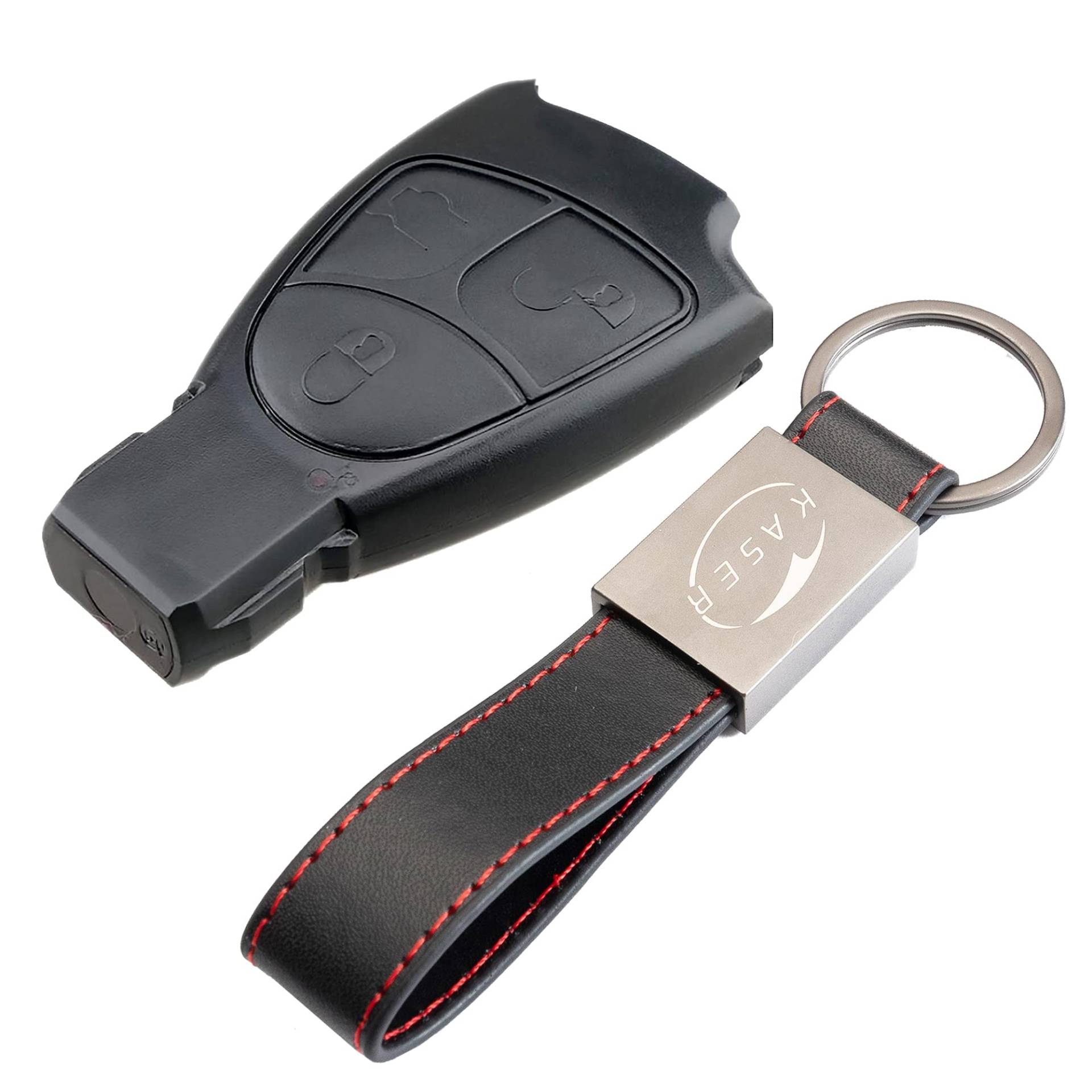 KASER Schlüssel Gehäuse Fernbedienung für Mercedes 3 Tasten Autoschlüssel Funkschlüssel für Benz Classe B C e CLK SLK (ohne Logo) mit Leder Schlüsselanhänger von Kaser