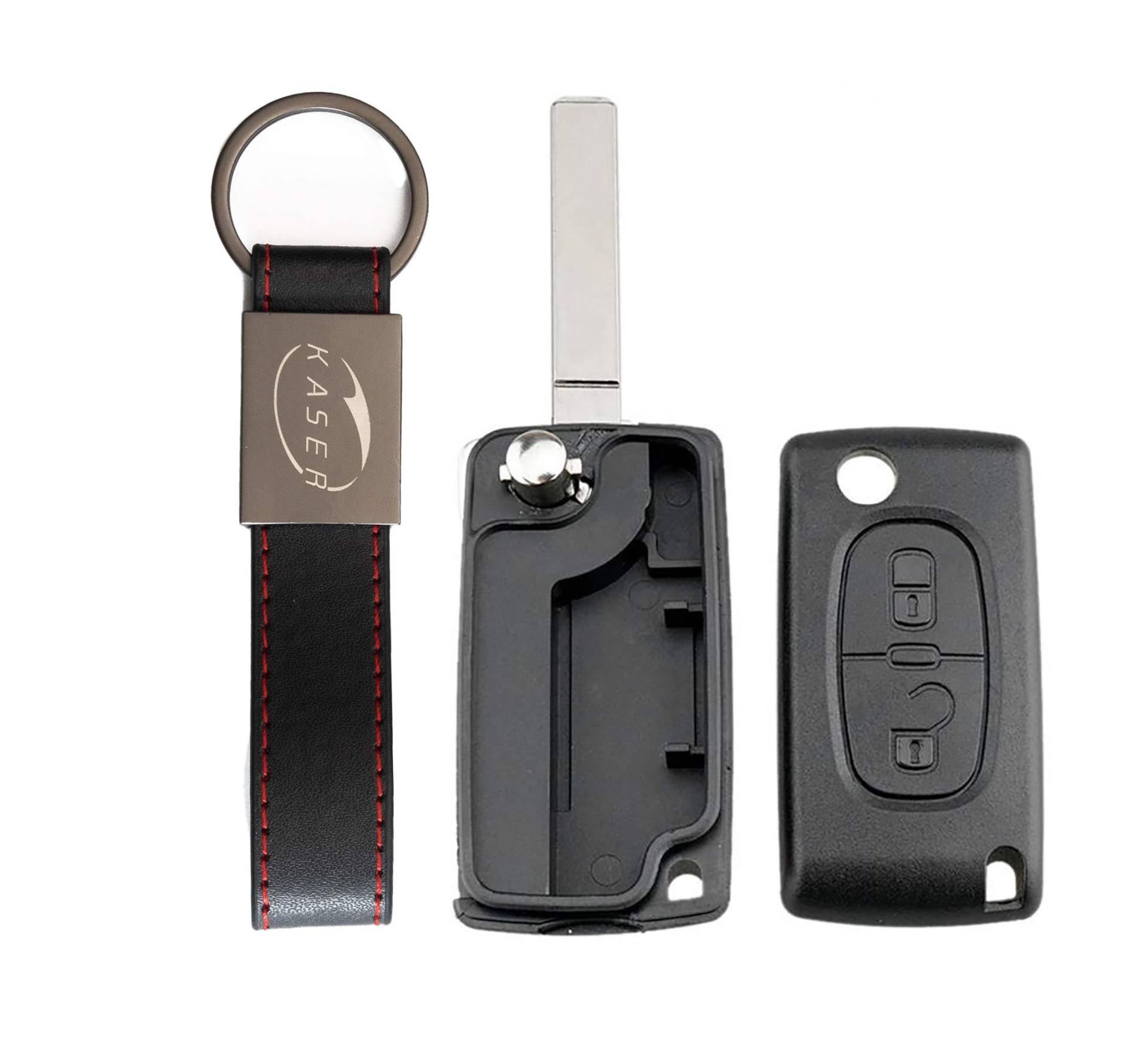 KASER Schlüssel Gehäuse Fernbedienung für Peugeot 2 Tasten Autoschlüssel Funkschlüssel 107 207 307 407 308 409 407 607 (no Battery Place) mit Leder Schlüsselanhänger von Kaser
