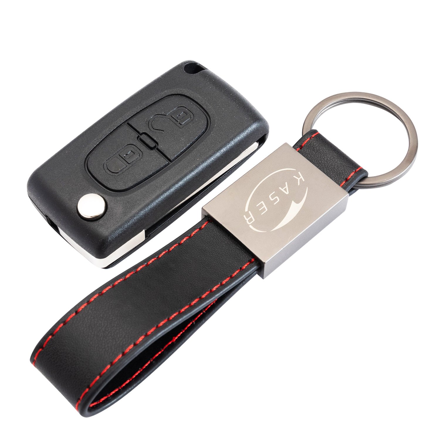 KASER Schlüssel Gehäuse Fernbedienung für Peugeot 2 Tasten Autoschlüssel Funkschlüssel 107 207 307 407 308 409 407 607 mit Leder Schlüsselanhänger von Kaser