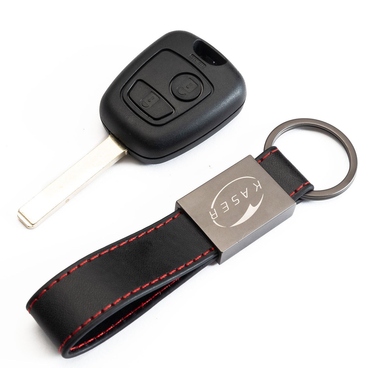 KASER Schlüssel Gehäuse Fernbedienung für Peugeot Autoschlüssel Funkschlüssel 106 207 208 206 307 308 407 408 806 107 mit Leder Schlüsselanhänger von Kaser