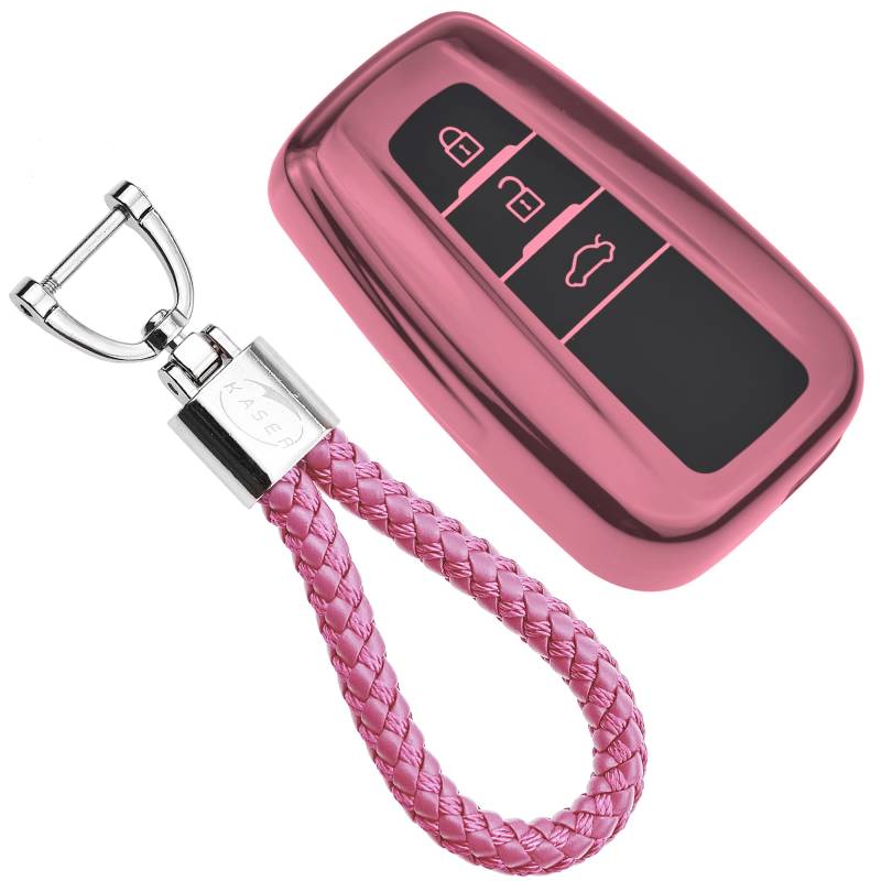 KASER Autoschlüssel Hülle kompatibel für Toyota Cover TPU Silikon Hochglanz Schutzhülle Schlüsselhülle Fernbedienung 3 Tasten Keyless Corolla RAV4 CH-R Yaris Prius Schlüsselbund (Pink) von Kaser