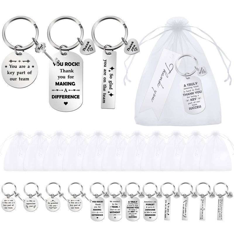 24 Sets Mitarbeiter-Dankeschön-Geschenke, Wertschätzungsgeschenke enthalten 24 Stück Schlüsselanhänger für Kollegen inspirierende Edelstahl-Schlüsselanhänger, 24 Stück Organza-Beutel, 24 Dankeskarten von Kathfly