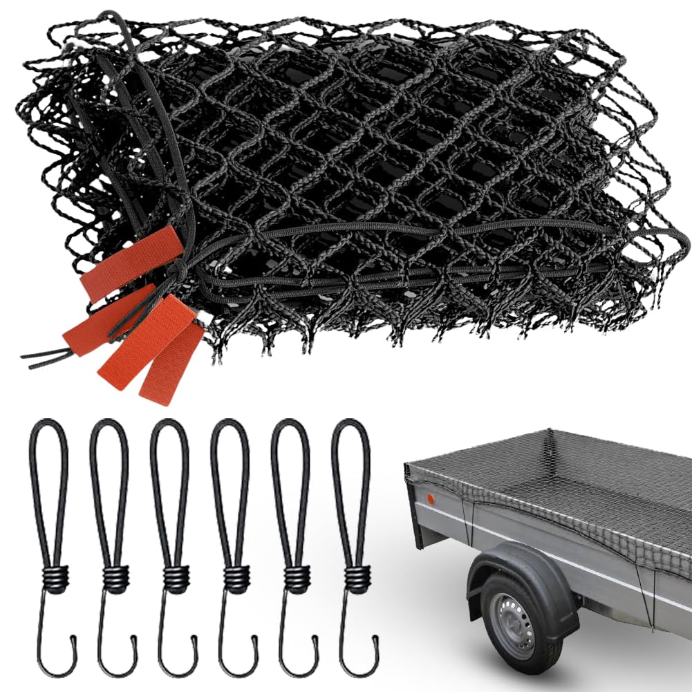 Kayuneed Anhängernetz, Ladungssicherungsnetz 1.5x2.2M, Anhänger Netz mit Eckmarkierungen & Randverstärkung, Containernetz für Ladungssicherung mit Expander-Haken zum perfekten Ladungssicherung von Kayuneed