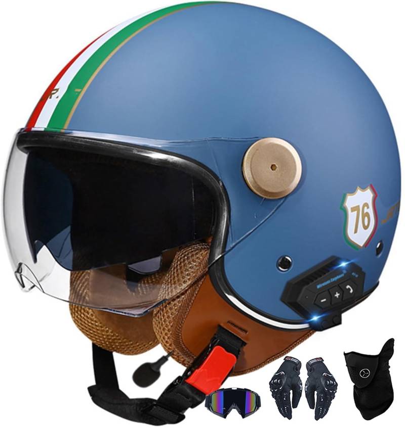 Bluetooth-Offener Helm, Halber Motorradhelm, ECE-Geprüfter Motorradhelm Mit Sonnenblende, Vespa-Motorradhelm, Retro-Vintage-Stil, Für Kinder, Jugendliche, Männer Und Frauen J von Kcolic