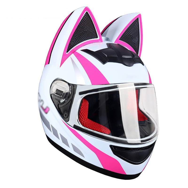 Motorradhelm Für Mädchen Und Damen, Katzenohren-Helm, ECE-Zertifizierter Integral-Motorradhelm, Vier-Jahreszeiten-Helme Mit Sonnenblende Für Straßenradrennen, Motocross B,XL=60-62CM von Kcolic