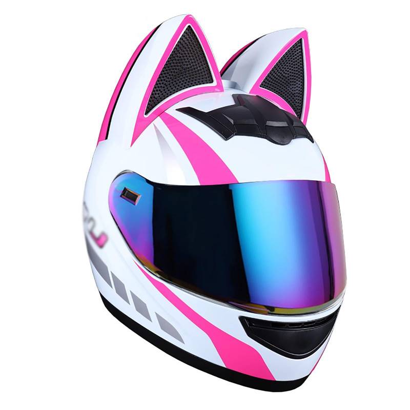 Motorradhelm Für Mädchen Und Damen, Katzenohren-Helm, ECE-Zertifizierter Integral-Motorradhelm, Vier-Jahreszeiten-Helme Mit Sonnenblende Für Straßenradrennen, Motocross D,S=50-53CM von Kcolic