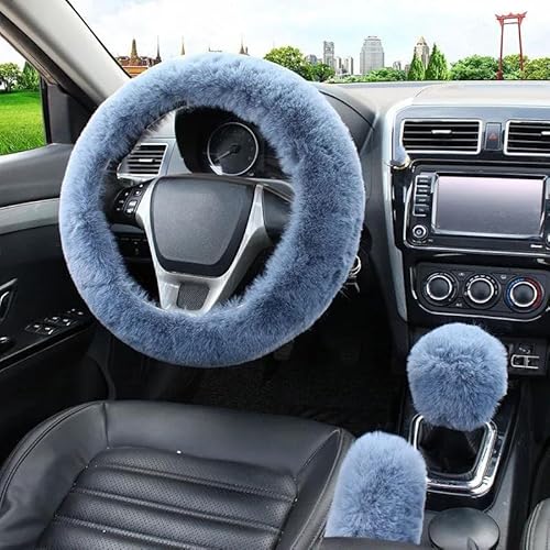 Lenkradhüllen Künstliche Pelz Auto Lenkrad Abdeckung Warme Winter Auto Handbremse Shift Abdeckung DREI-stück Set Heizung Lenkrad 38 cm Lenkradbezug Auto(Gray) von Kdbcet