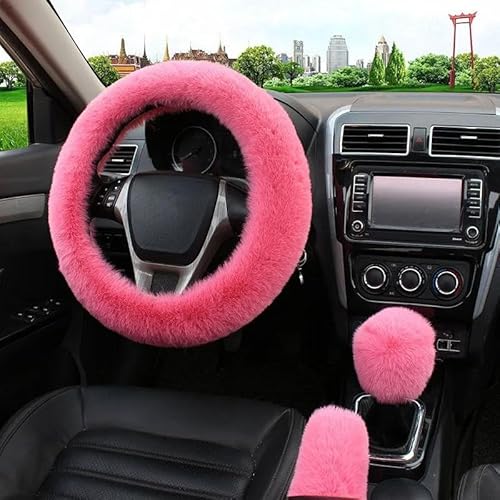 Lenkradhüllen Künstliche Pelz Auto Lenkrad Abdeckung Warme Winter Auto Handbremse Shift Abdeckung DREI-stück Set Heizung Lenkrad 38 cm Lenkradbezug Auto(Rosa) von Kdbcet