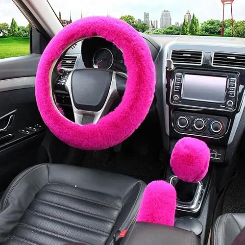 Lenkradhüllen Künstliche Pelz Auto Lenkrad Abdeckung Warme Winter Auto Handbremse Shift Abdeckung DREI-stück Set Heizung Lenkrad 38 cm Lenkradbezug Auto(Rose red) von Kdbcet