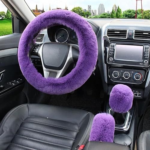 Lenkradhüllen Künstliche Pelz Auto Lenkrad Abdeckung Warme Winter Auto Handbremse Shift Abdeckung DREI-stück Set Heizung Lenkrad 38 cm Lenkradbezug Auto(Violett) von Kdbcet