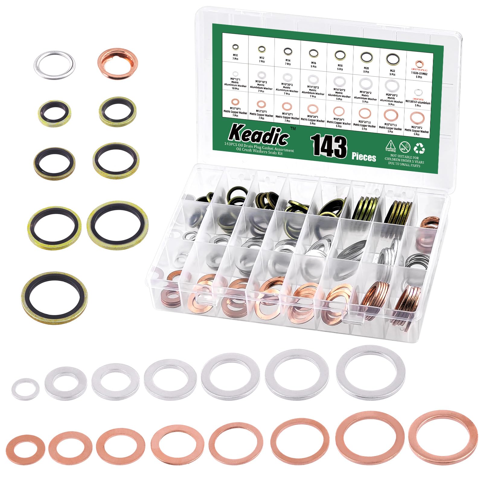 Keadic 143Pcs Ölablassschraube Dichtungen Unterlegscheiben Sortiment Set, 11026-01M02, N0138157 Öl Quetschscheiben Dichtungen Kit für Automotive von Keadic