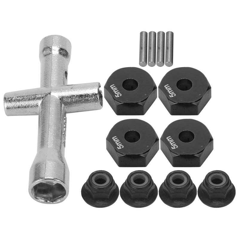 Keenso 12-Mm-Rad-Sechskant-Adapter, Kreuzschlüssel aus Aluminiumlegierung mit Rutschfester Mutter, 5 Mm Dicke, RC-Car-Zubehör-Set für 1/10 RC-Car (Black) von Keenso