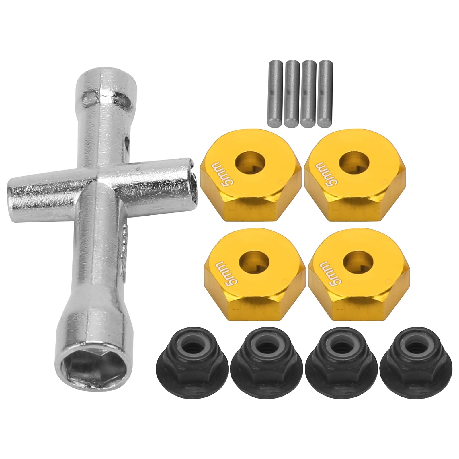 Keenso 12-Mm-Rad-Sechskant-Adapter, Kreuzschlüssel aus Aluminiumlegierung mit Rutschfester Mutter, 5 Mm Dicke, RC-Car-Zubehör-Set für 1/10 RC-Car (Gold) von Keenso