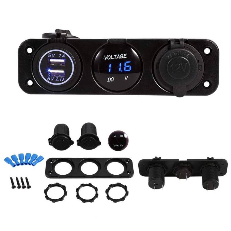 Keenso Auto USB Ladegerät Panel, Auto Wasserdicht Dual USB Ladegerät + Blaue LED-Voltmeter + Zigarettenanzünder Loch Universell für 12V und 24V Marine, Motorräder, Wohnwagen, ATV, LKW von Keenso