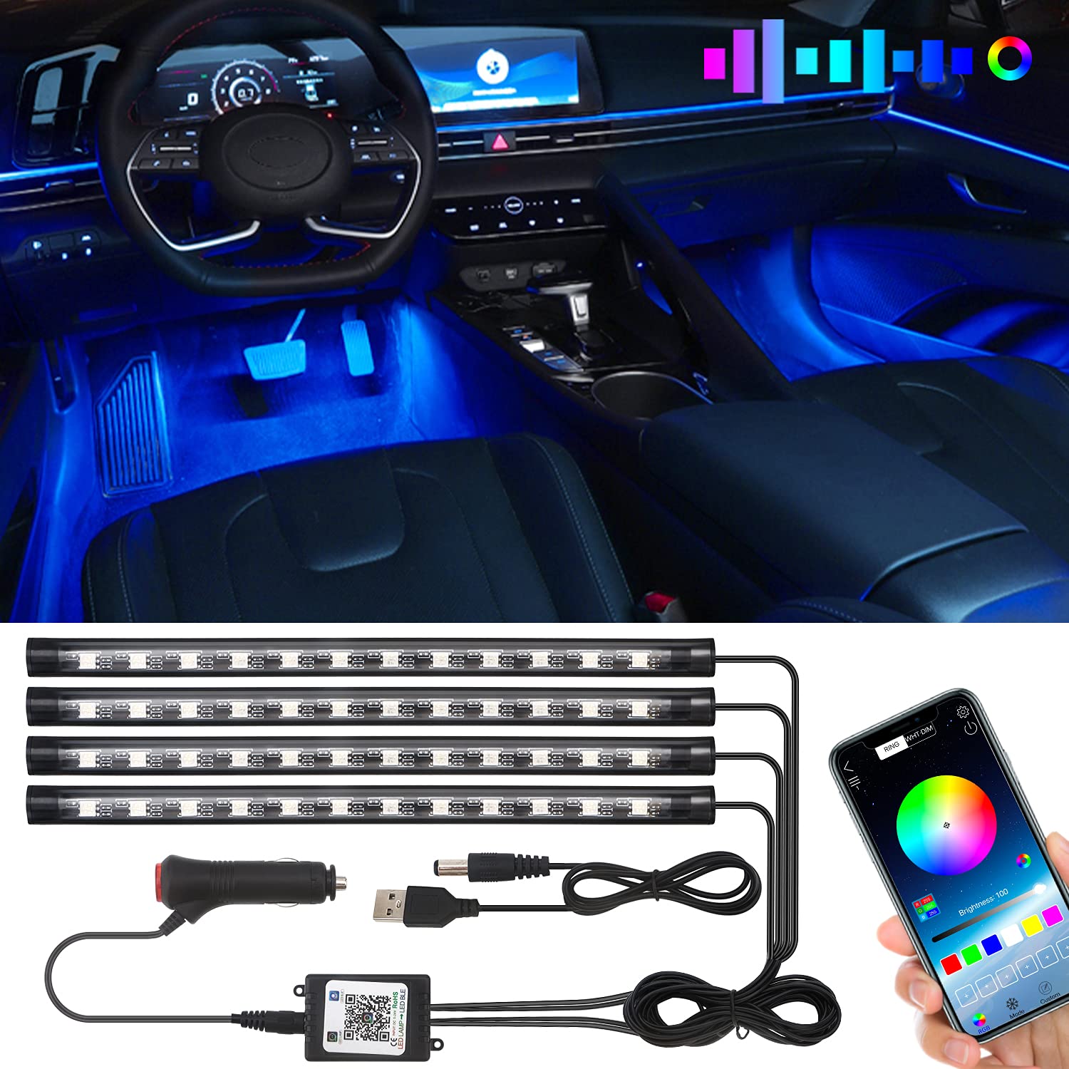 KEIUROT LED-Streifen für den Innenbereich, Auto, mit App, Innenbeleuchtung für Auto, verbessert, starker Klebstoff, Musik-Set, 4 Stück, 48SMD von Keiurot