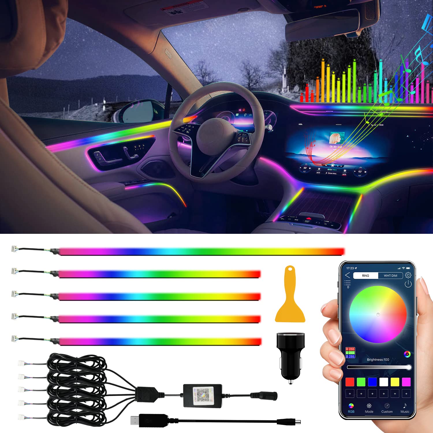 KEIUROT LED-Streifen für den Innenbereich, Auto, mit App, LED-Innenbeleuchtung, verbessert, stark, Musik-Set, Neonlicht, 5 in 1 von Keiurot