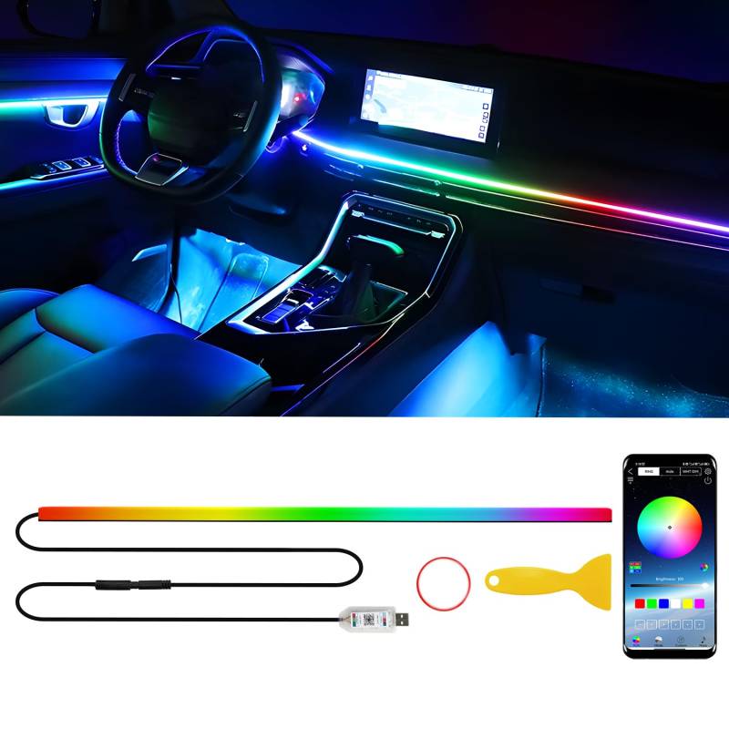 Keiurot LED-Streifen für Auto, Innenbeleuchtung, Ambiente, Acryl, Neonfarben, Auto, Innenbereich, 110 cm, Dekoration für Auto, Armaturenbrett, Musik-App von Keiurot