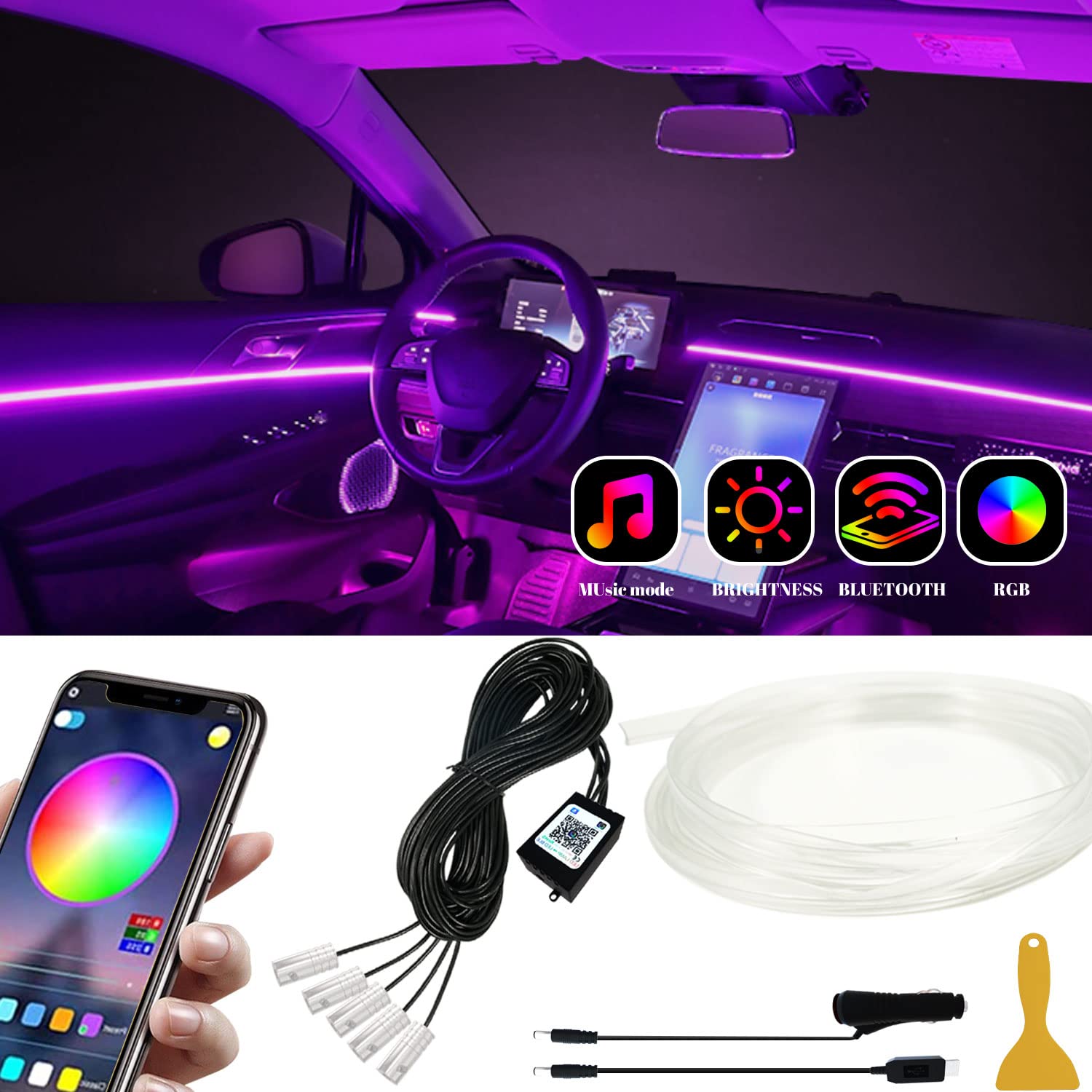 LED Lichtleiste Auto Innenraum Licht APP Steuerung 5 in 1 Ambientebeleuchtung mit 6M RGB Glasfaser 16 Millionen Farben Synchronisation mit Musik von Keiurot