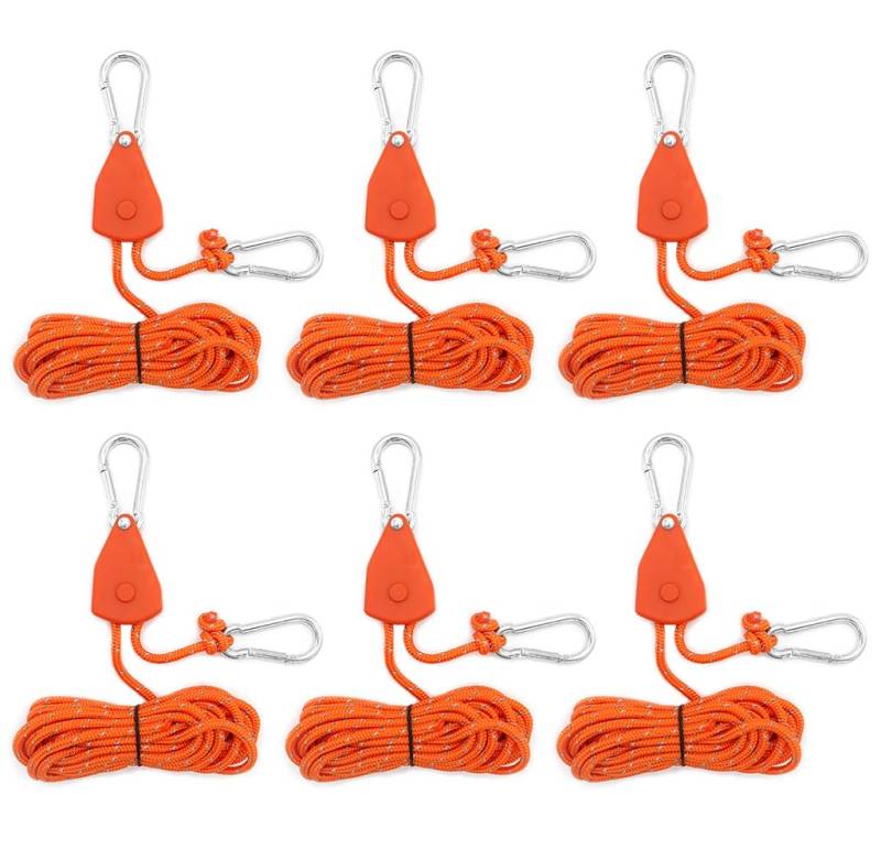 Kellegour 6 Stück Reflektierend Abspannseile,Seil Ratsche Kleiderbügel Aufhänger,4mm Seil Ratsche mit Haken,Rope Seilratsche mit Haken,für Zelten,Ventilatoren,Pflanzenleuchten(Orange,13.12ft/4M) von Kellegour