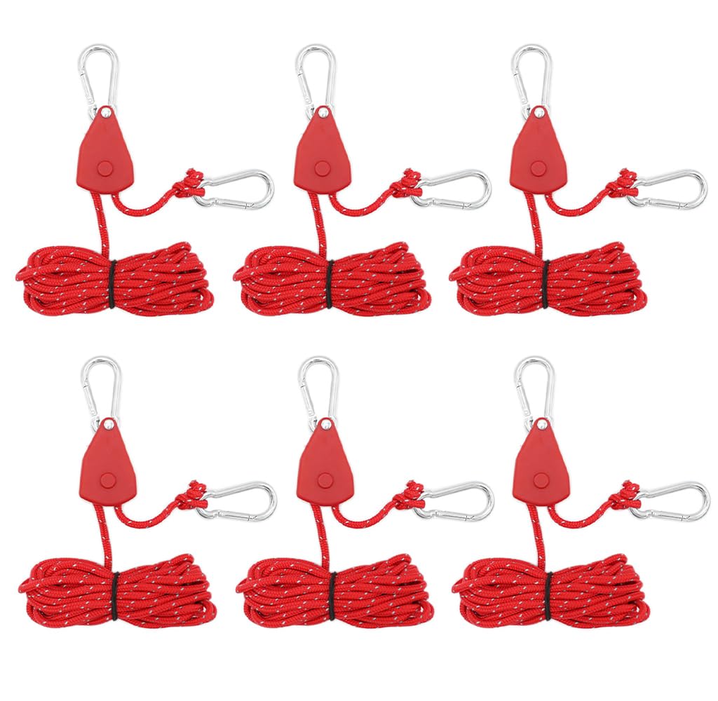 Kellegour 6 Stück Reflektierend Abspannseile,Seil Ratsche Kleiderbügel Aufhänger,4mm Seil Ratsche mit Haken,Rope Seilratsche mit Haken,für Zelten,Ventilatoren,Pflanzenleuchten(Rot,13.12ft/4M) von Kellegour