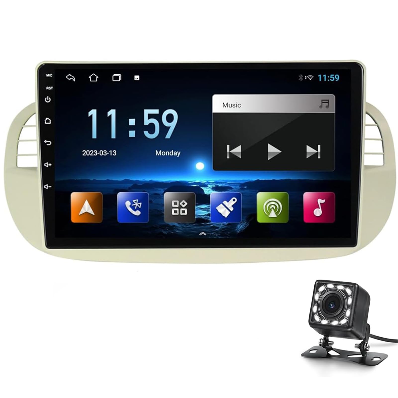 Auto Stereo Für Fiat 500 2007-2016 Mit Drahtlosen Carplay Android Auto, 2+32g Android 14 9 Zoll Touchscreen Car Radio Gps Wifi Hifi Bt Rds Radio Backup-kamera Dab-empfänger(Color:M100S:4core 1+16GB) von Keoaiob