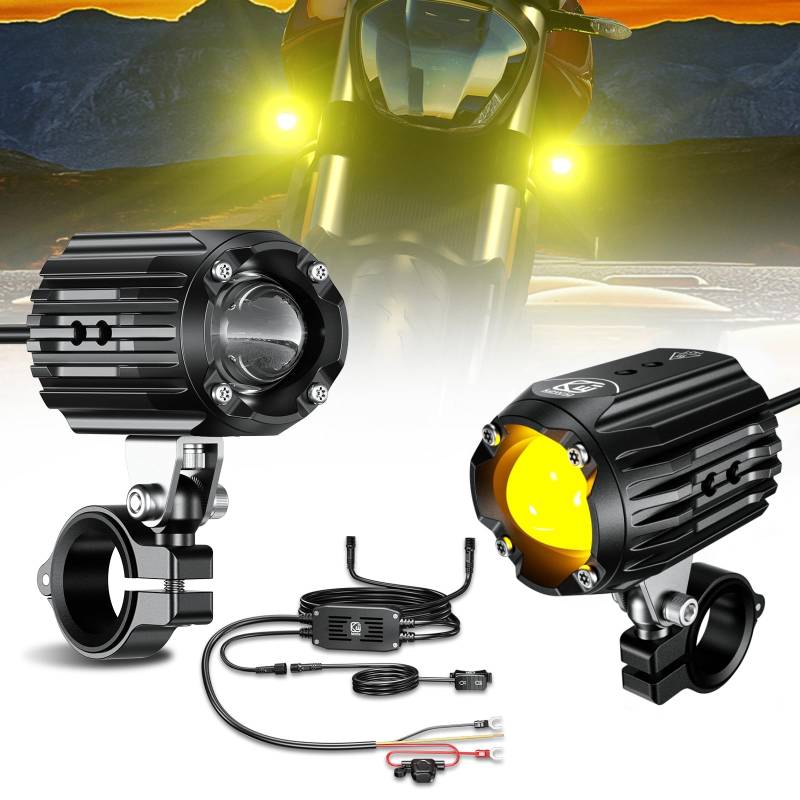 Kewig Motorrad LED Nebelscheinwerfer 60W Bernstein/Gelb Weiß Zweifarbige Zusatzscheinwerfer, Nebelscheinwerfer mit Kabelbaum, wasserdicht, Offroad-Arbeitsscheinwerfer, kompatibel mit Motorrad Auto SUV von Kewig