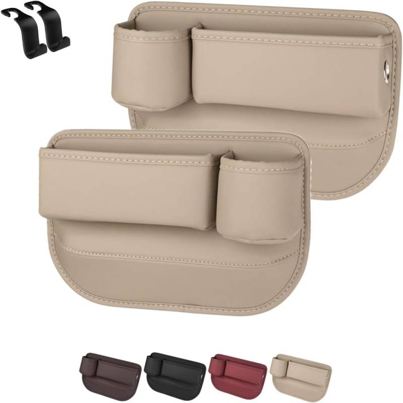 Auto Leder Getränkehalter Gap Bag, Berimat für Auto, Verstellbare Autositz-Aufbewahrungsbox, 2 in 1 Auto Leder Getränkehalter Gap Bag für Handys (Beige, 2 Stück für Fahrer und Beifahrer) von KeyoGoS