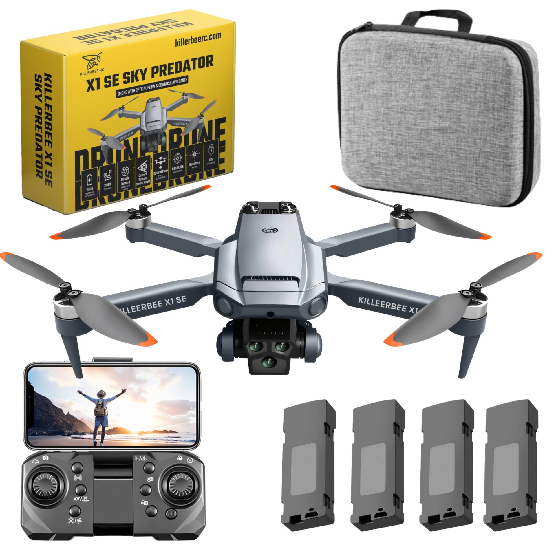 Killerbee X1 SE Sky Predator - Drohne mit Dual-Kamera - geeignet für Kinder und Erwachsene - Brushless Motoren - Ultra Fly More Combo - 48 Minuten Flugzeit - Inklusive Tasche und 4 Batterien von Killerbee RC