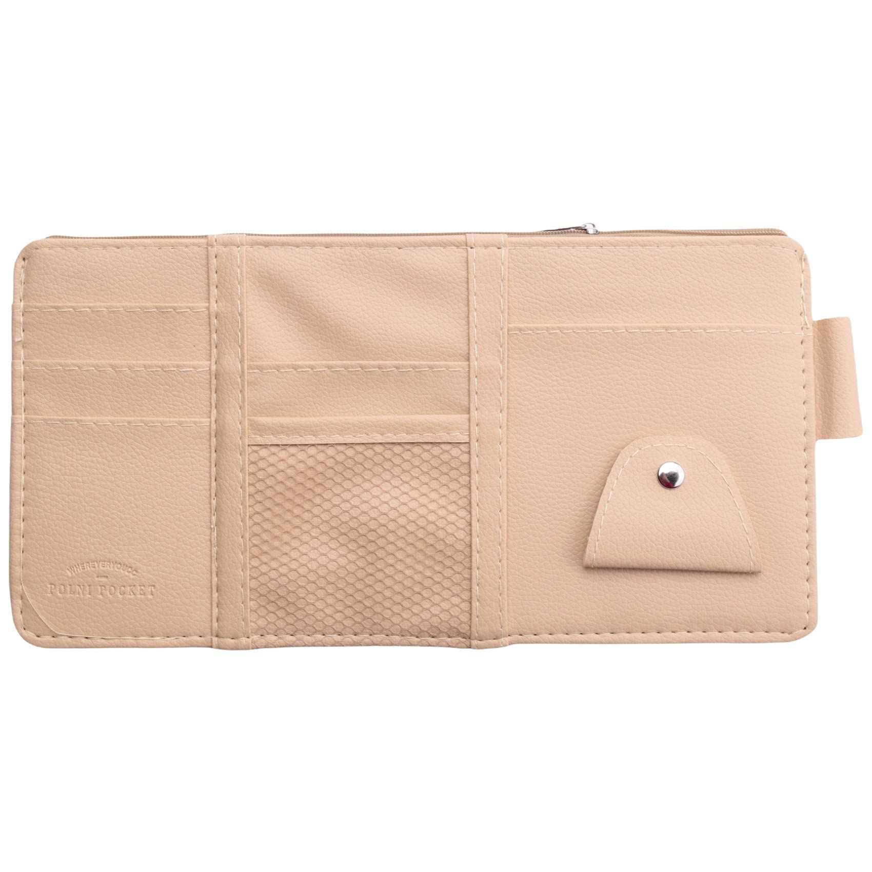 Kioball Organizer für Sonnenblende aus Leder, für kleine Dokumente, für CD-Karten, Sonnenbrillen, mehrere Taschen mit Reißverschlussnetz (beige) von Kioball